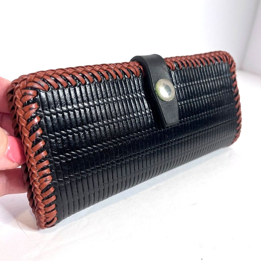 Vintage Black & Brown Wicker & Leather Wallet Whipstitched Trim c1950-1960
